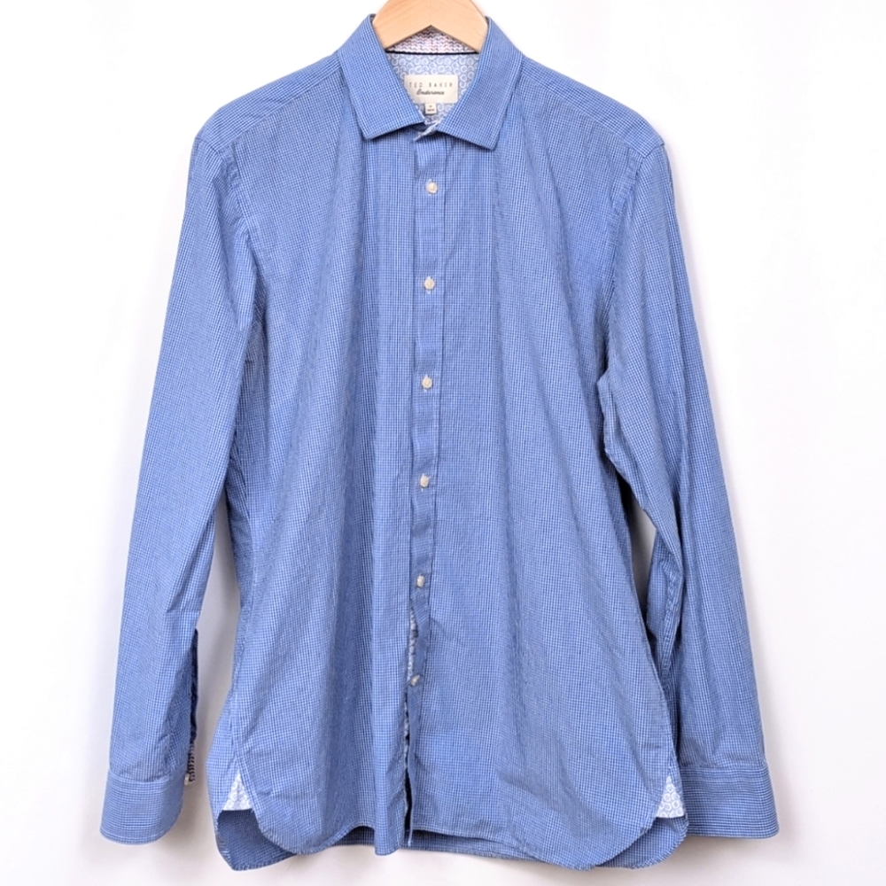 Ted Baker Dress Shirt Button Front Men's Endurance Blue Gingham size 16 34/35